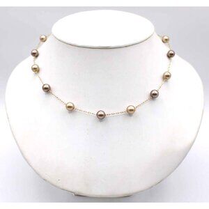 RMN Faux Pearl Station Necklace 2 Tone Brown Pearls Gold Tone Chain 18" Vintage